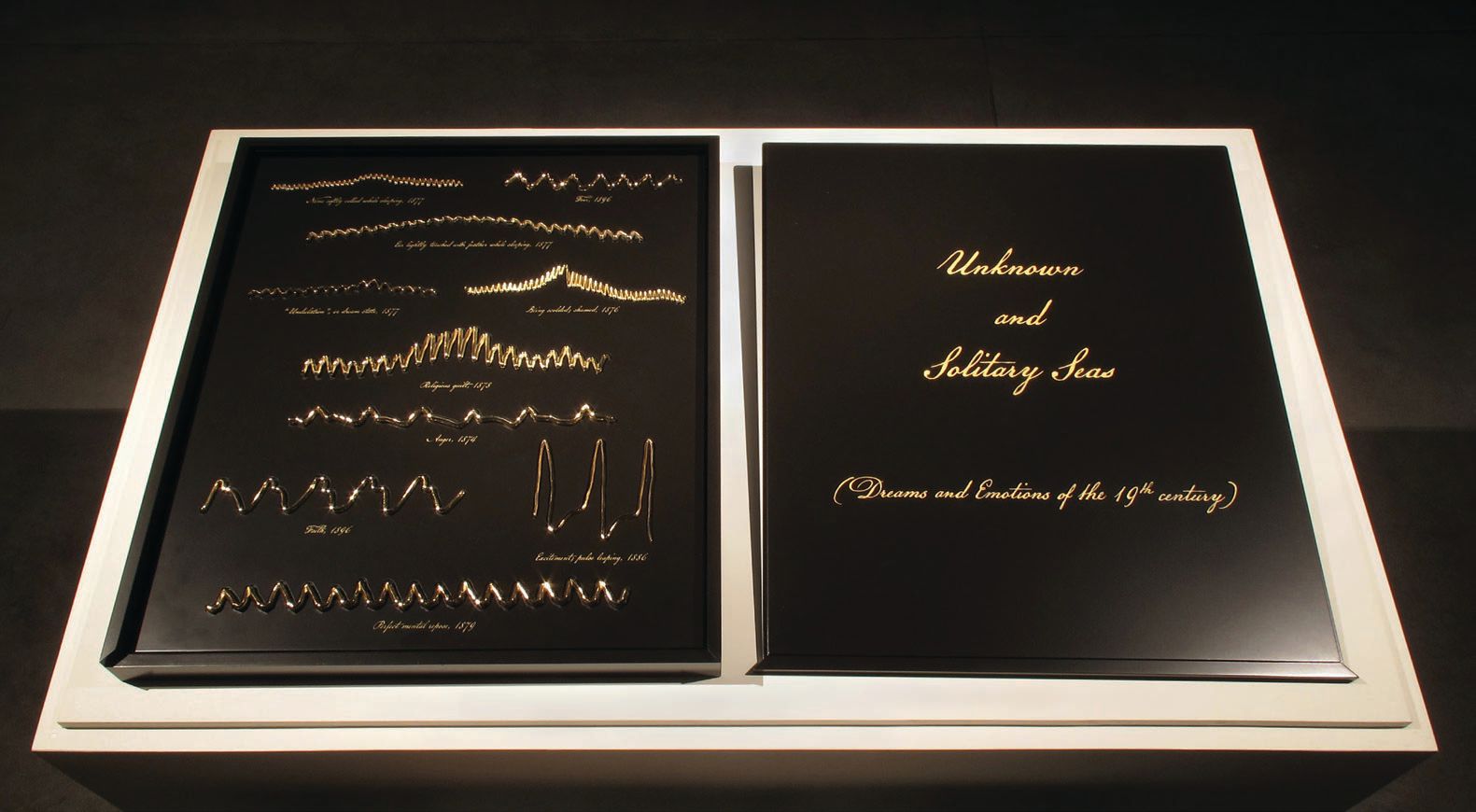 “Unknown and Solitary Seas (Dreams and Emotions of the 19th Century)” (2018, earliest waveform recordings of blood fl owing from the heart and in the brain during sleep, dreaming and various emotional states [1874-96], rendered and 3D-printed in brass-plated stainless steel, lacquered maple and 22K gold leaf) image courtesy of the artist