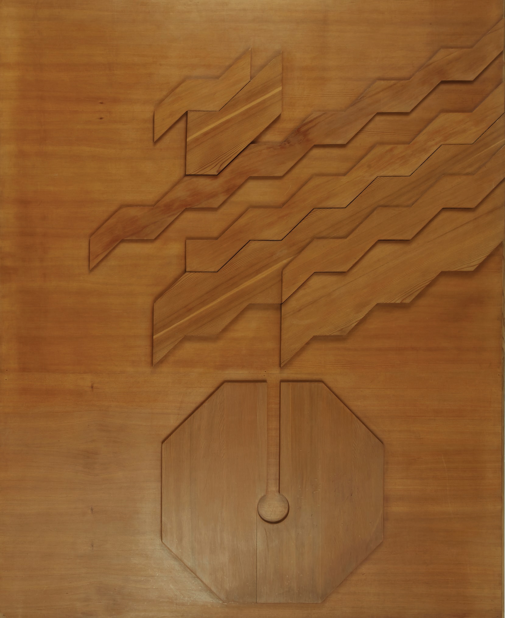 Mohamed Chebaa (Morocco), “Composition” (c. 1970, wood [bas-relief]), 98 ⅜ inches by 59 inches, collection of the Barjeel Art Foundation, Sharjah, UAE