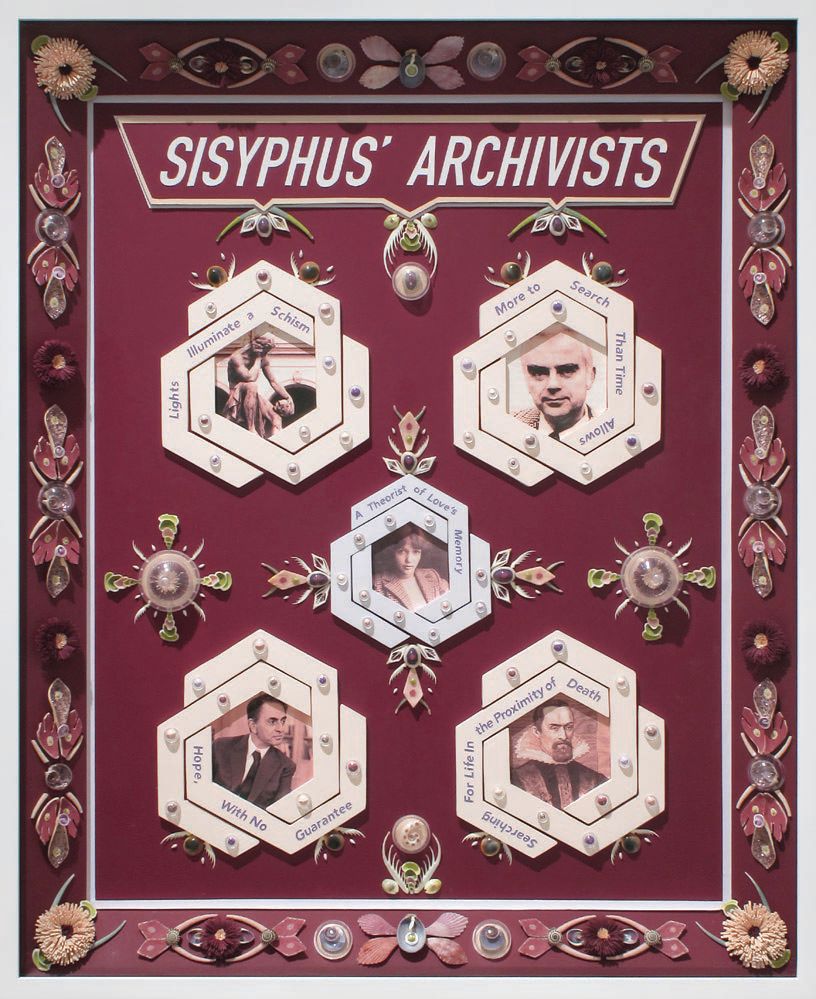 “Sisyphus’ Archivists” (2018, cut paper, various cut and polished seashells, green and white tusks, squilla claws, spirula shell, colored powder pigments, colored crushed glass and glitter, plastic domes, prints on paper, basswood, foam core, glue and frame) image courtesy of the artist